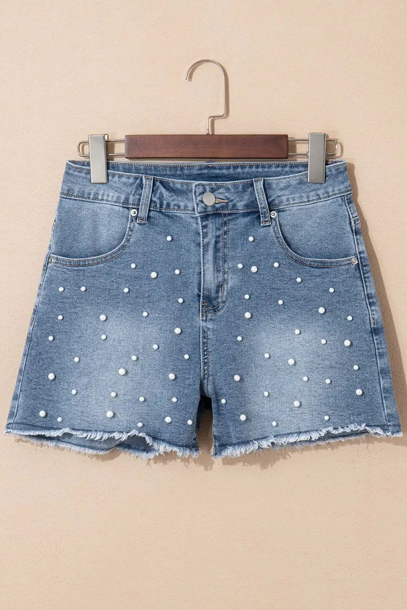 Dusk Blue Pearl Beaded Raw Hem Medium Wash Denim Shorts - Love Salve